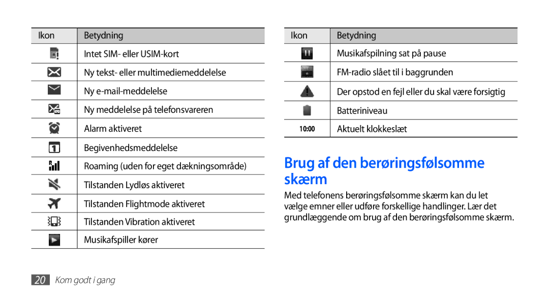 Samsung GT-S5830PPANEE, GT-S5830DKANEE manual Brug af den berøringsfølsomme skærm, Batteriniveau, Aktuelt klokkeslæt 