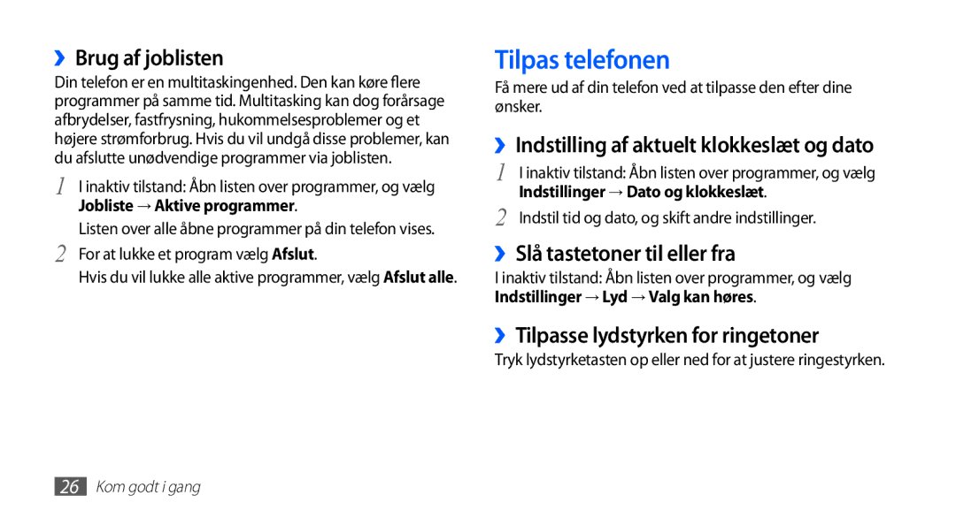 Samsung GT-S5830RWANEE, GT-S5830DKANEE manual Tilpas telefonen, ››Brug af joblisten, ››Slå tastetoner til eller fra 