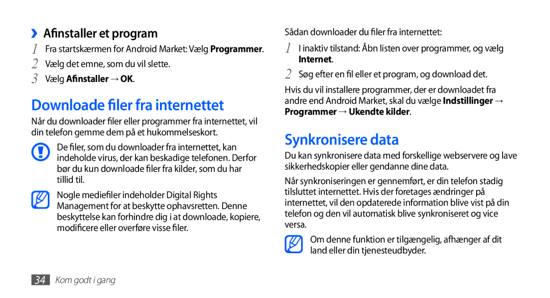 Samsung GT-S5830DKANEE Downloade filer fra internettet, Synkronisere data, ››Afinstaller et program, Vælg Afinstaller → OK 