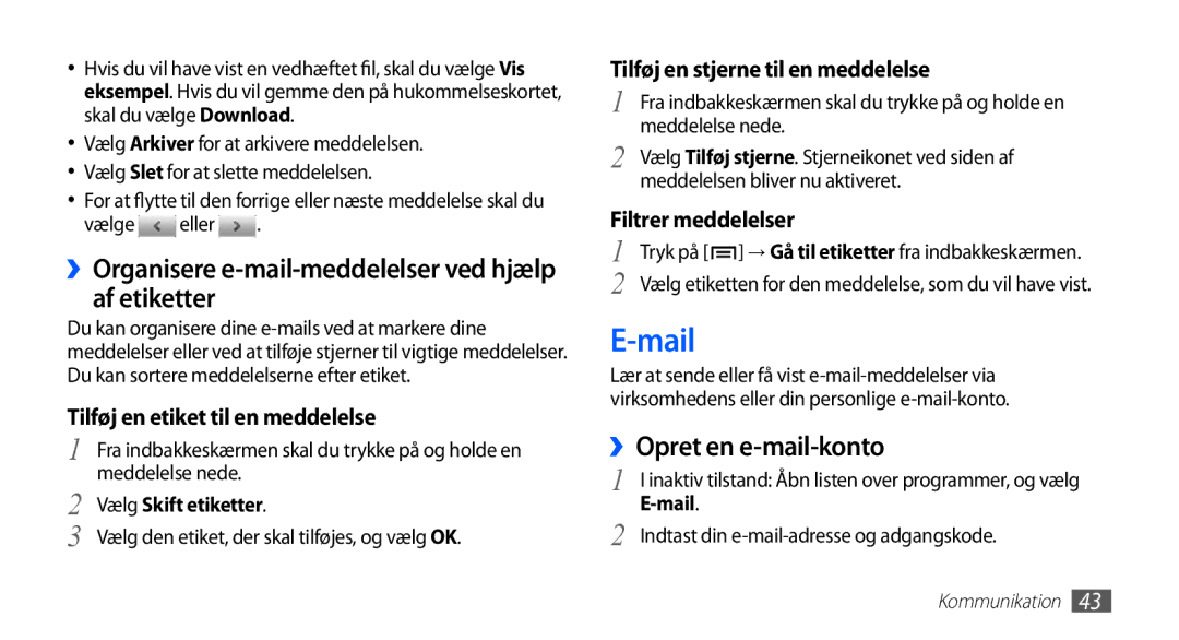 Samsung GT-S5830OKANEE manual Mail, ››Organisere e-mail-meddelelser ved hjælp af etiketter, ››Opret en e-mail-konto 