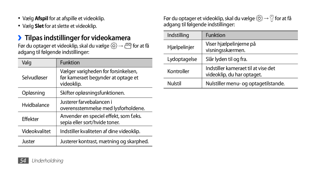 Samsung GT-S5830DKANEE manual ››Tilpas indstillinger for videokamera, Adgang til følgende indstillinger Valg Funktion 