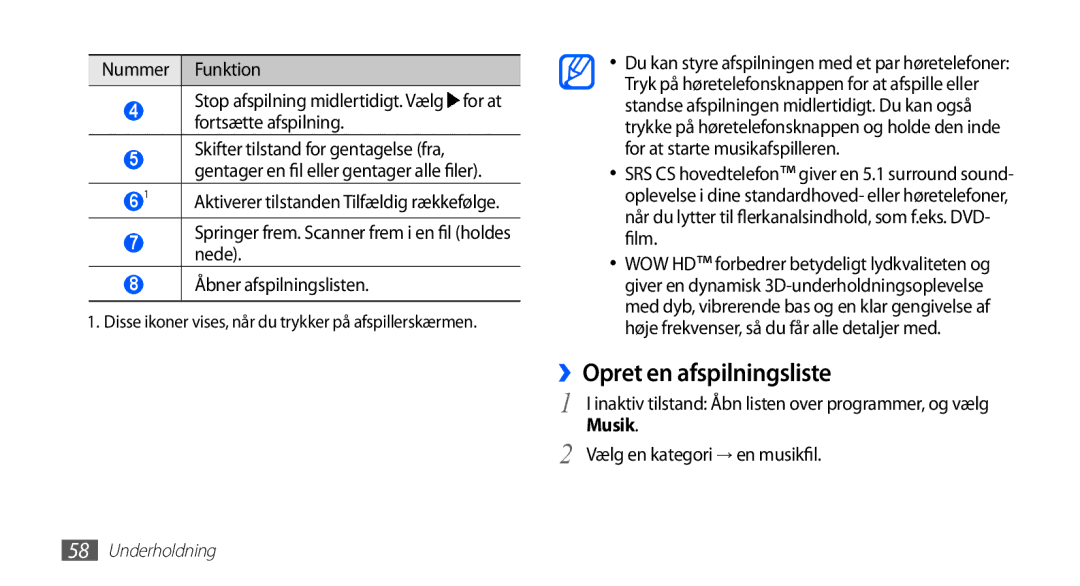 Samsung GT-S5830OKANEE, GT-S5830DKANEE, GT-S5830PPANEE, GT-S5830RWANEE manual ››Opret en afspilningsliste, Nummer Funktion 