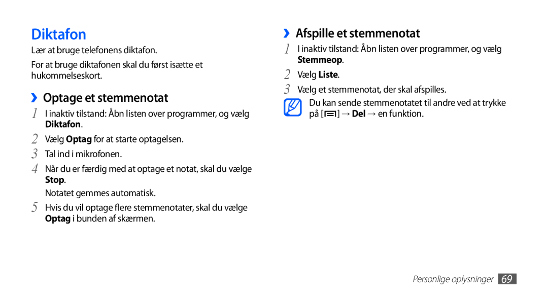 Samsung GT-S5830DKANEE, GT-S5830PPANEE, GT-S5830RWANEE manual Diktafon, ››Optage et stemmenotat, ››Afspille et stemmenotat 