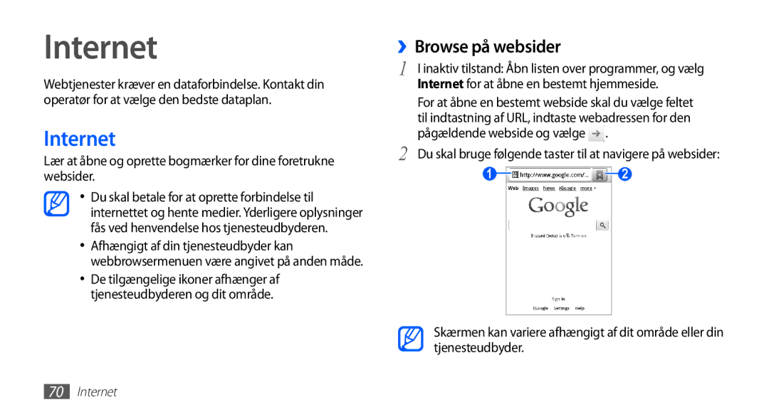 Samsung GT-S5830PPANEE, GT-S5830DKANEE, GT-S5830RWANEE, GT-S5830UWANEE, GT-S5830OKANEE manual Internet, ››Browse på websider 