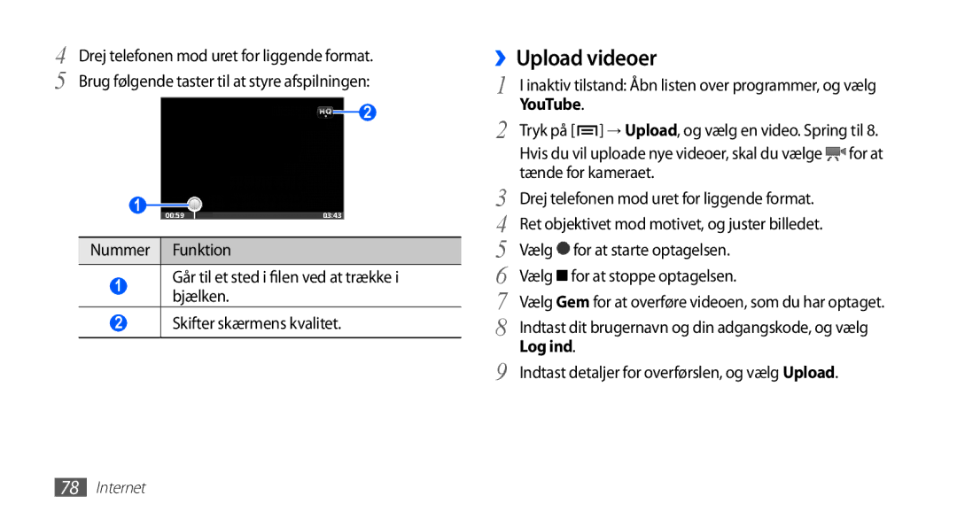 Samsung GT-S5830OKANEE, GT-S5830DKANEE manual ››Upload videoer, Tænde for kameraet, Vælg for at starte optagelsen, Log ind 