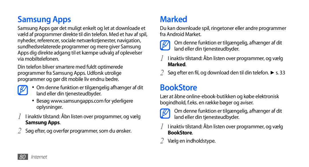 Samsung GT-S5830PPANEE, GT-S5830DKANEE, GT-S5830RWANEE, GT-S5830UWANEE Samsung Apps, Marked, BookStore, Vælg en indholdstype 