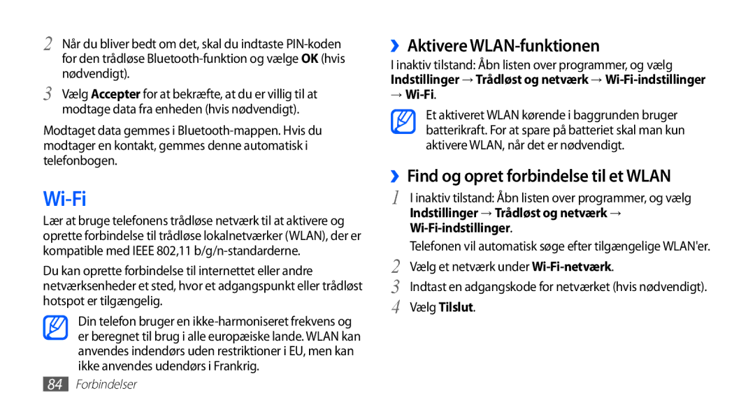 Samsung GT-S5830DKANEE, GT-S5830PPANEE manual Wi-Fi, ››Aktivere WLAN-funktionen, ››Find og opret forbindelse til et Wlan 