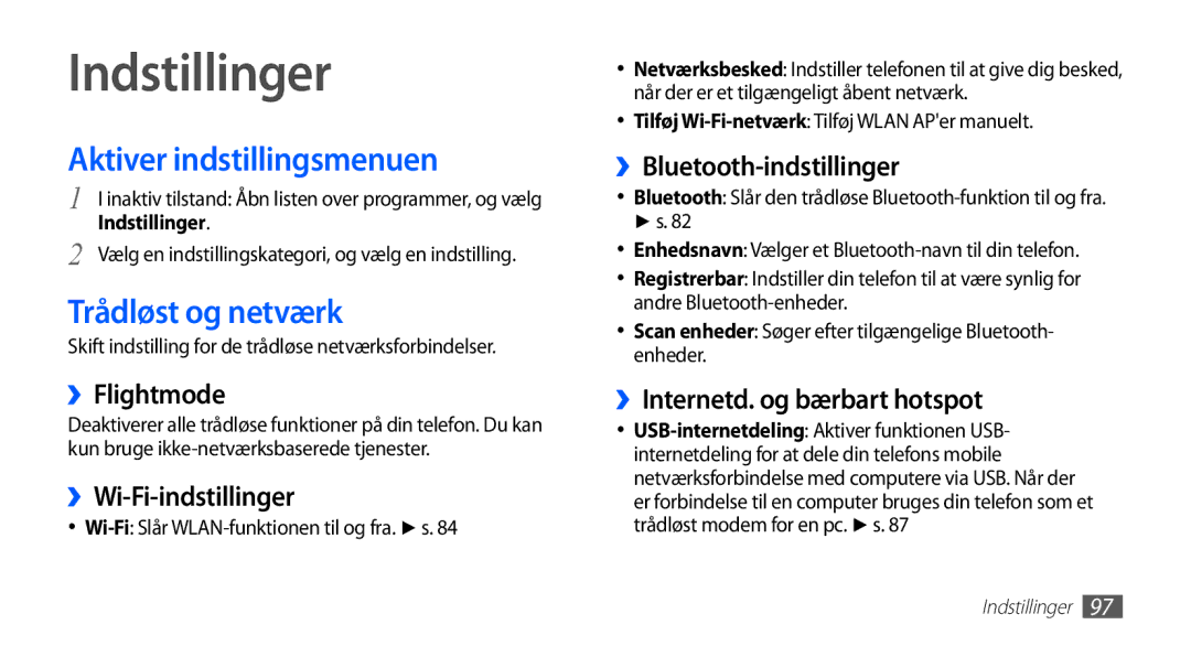 Samsung GT-S5830UWANEE, GT-S5830DKANEE, GT-S5830PPANEE manual Indstillinger, Aktiver indstillingsmenuen, Trådløst og netværk 