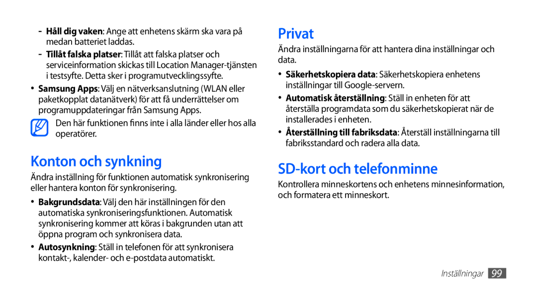 Samsung GT-S5830DKANEE, GT-S5830PPANEE, GT-S5830RWANEE, GT-S5830UWANEE Konton och synkning, Privat, SD-kort och telefonminne 