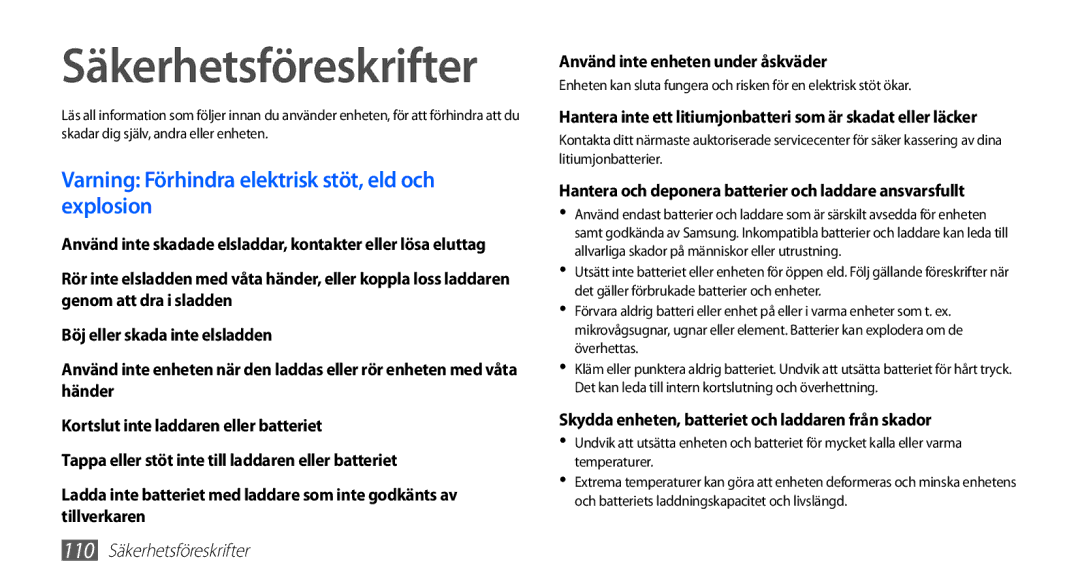 Samsung GT-S5830PPANEE, GT-S5830DKANEE manual Säkerhetsföreskrifter, Varning Förhindra elektrisk stöt, eld och explosion 