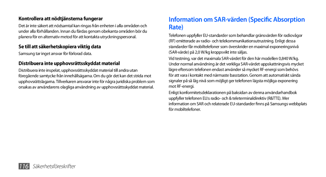 Samsung GT-S5830RWANEE, GT-S5830DKANEE, GT-S5830PPANEE, GT-S5830UWANEE Information om SAR-värden Specific Absorption Rate 