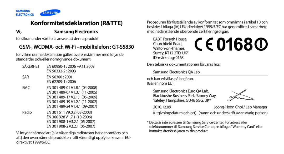 Samsung GT-S5830OKANEE, GT-S5830DKANEE manual Konformitetsdeklaration R&TTE, GSM-, WCDMA- och Wi-Fi -mobiltelefon GT-S5830 