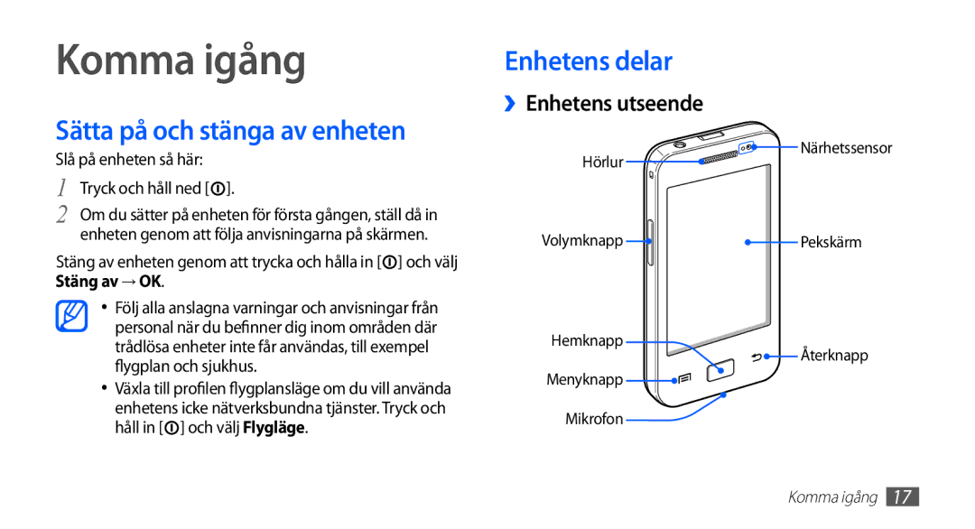 Samsung GT-S5830UWANEE, GT-S5830DKANEE Komma igång, Sätta på och stänga av enheten, Enhetens delar, ››Enhetens utseende 