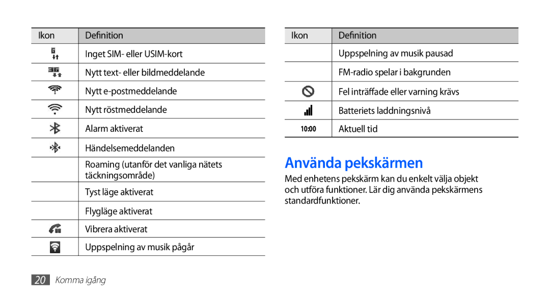 Samsung GT-S5830PPANEE, GT-S5830DKANEE, GT-S5830RWANEE, GT-S5830UWANEE, GT-S5830OKANEE manual Använda pekskärmen, Aktuell tid 