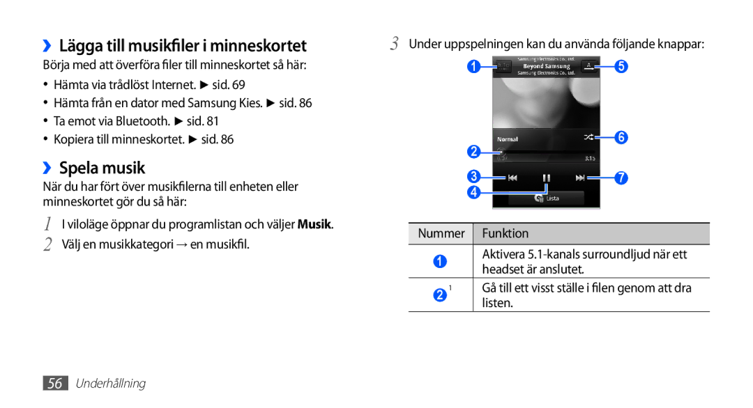 Samsung GT-S5830RWANEE manual ››Spela musik, ››Lägga till musikfiler Minneskortet, Hämta via trådlöst Internet. sid 