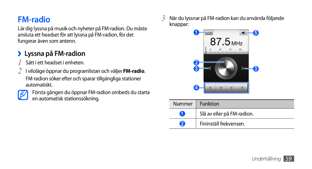 Samsung GT-S5830DKANEE, GT-S5830PPANEE, GT-S5830RWANEE, GT-S5830UWANEE, GT-S5830OKANEE manual ››Lyssna på FM-radion 