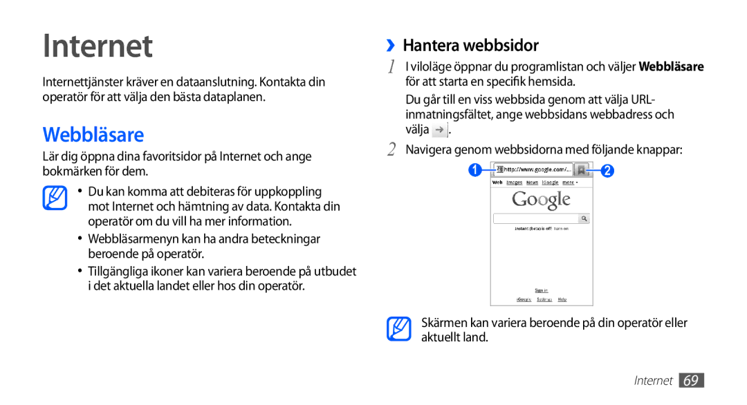 Samsung GT-S5830DKANEE, GT-S5830PPANEE, GT-S5830RWANEE, GT-S5830UWANEE manual Internet, Webbläsare, ››Hantera webbsidor 