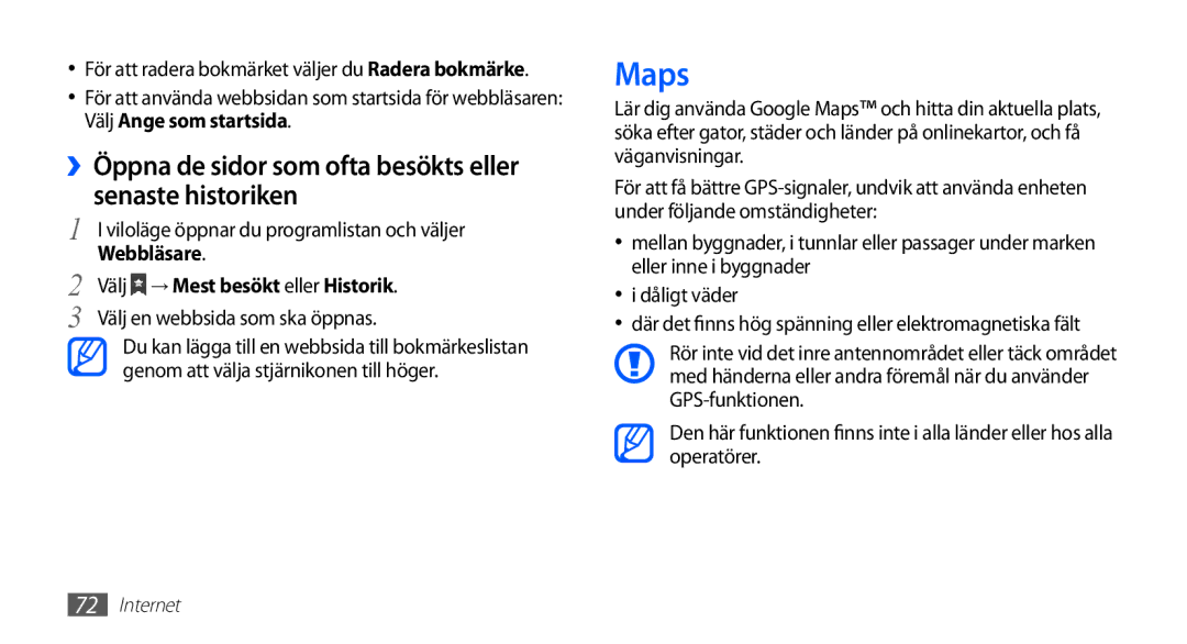 Samsung GT-S5830UWANEE, GT-S5830DKANEE manual Maps, Välj → Mest besökt eller Historik, Välj en webbsida som ska öppnas 