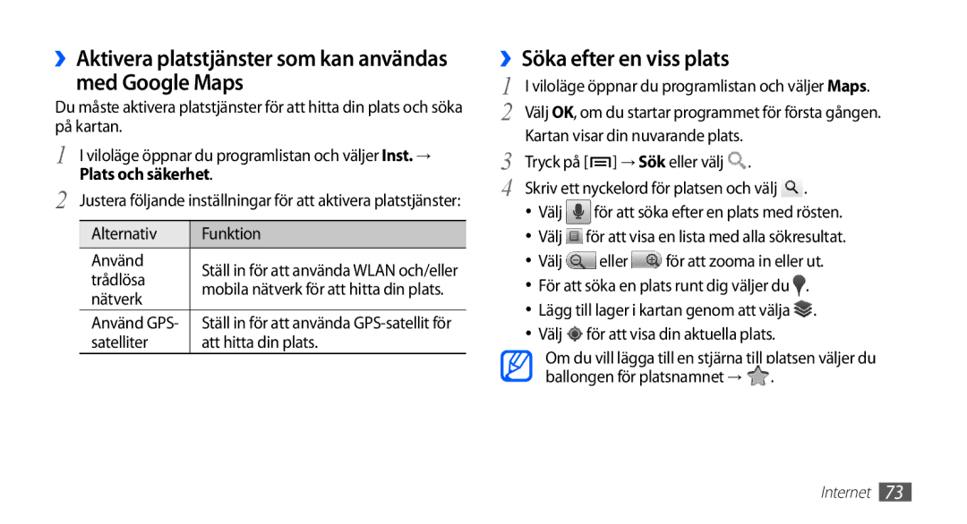 Samsung GT-S5830OKANEE manual ››Aktivera platstjänster som kan användas med Google Maps, ››Söka efter en viss plats 