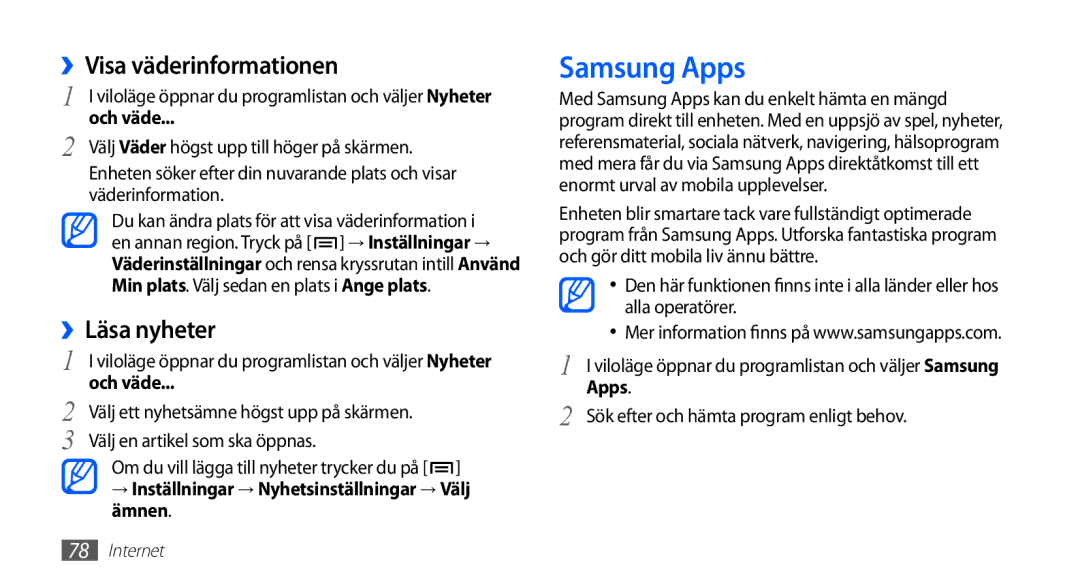 Samsung GT-S5830OKANEE, GT-S5830DKANEE, GT-S5830PPANEE manual Samsung Apps, ››Visa väderinformationen, ››Läsa nyheter 