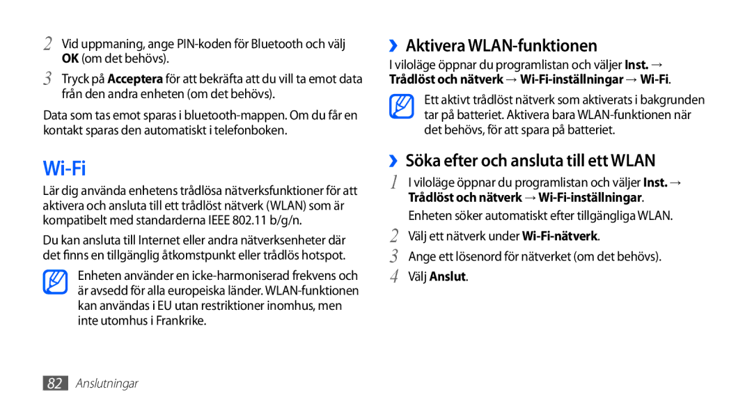 Samsung GT-S5830UWANEE, GT-S5830DKANEE manual Wi-Fi, ››Aktivera WLAN-funktionen, ››Söka efter och ansluta till ett Wlan 