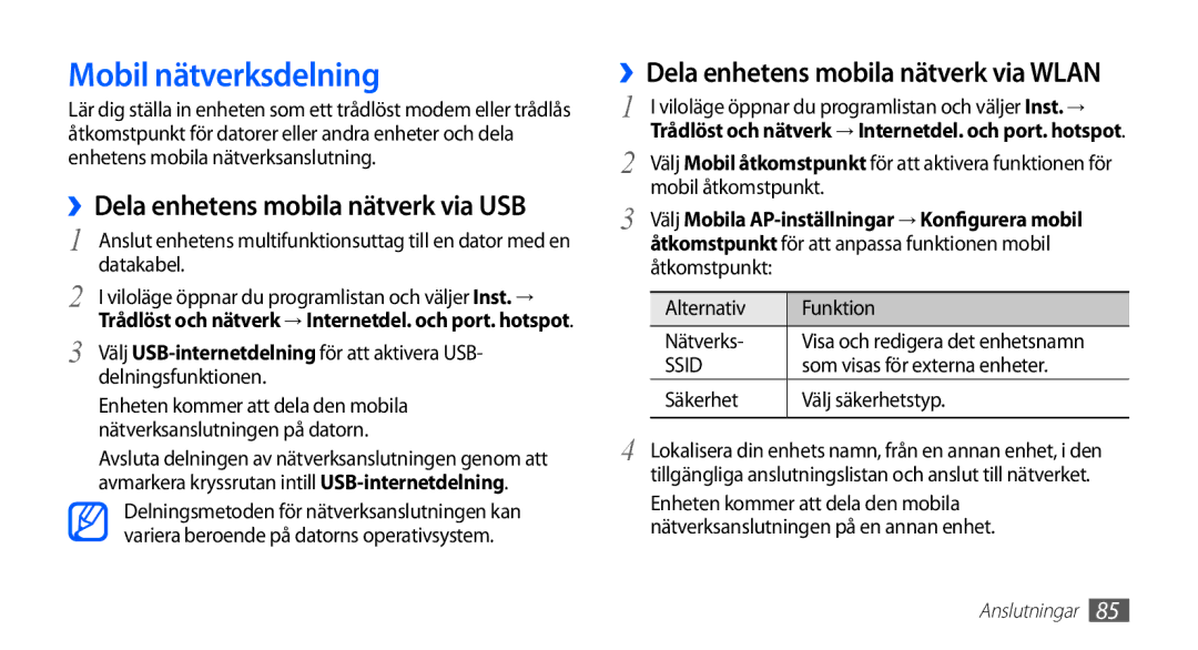 Samsung GT-S5830PPANEE Mobil nätverksdelning, Mobil åtkomstpunkt, Alternativ Funktion Nätverks, Säkerhet Välj säkerhetstyp 