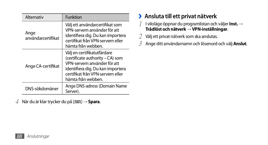 Samsung GT-S5830OKANEE, GT-S5830DKANEE, GT-S5830PPANEE, GT-S5830RWANEE, GT-S5830UWANEE manual ››Ansluta till ett privat nätverk 