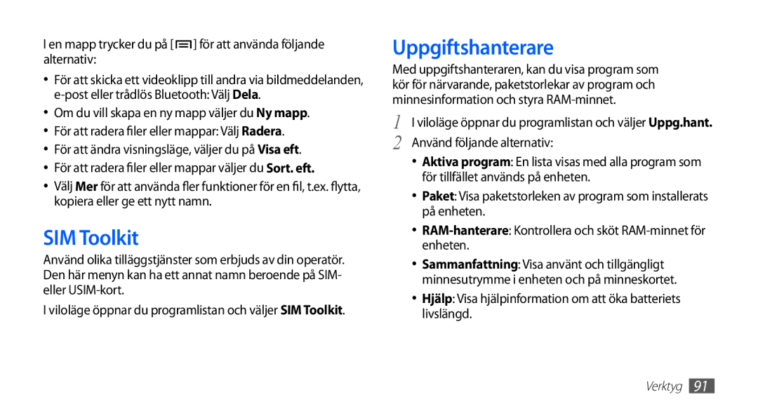 Samsung GT-S5830RWANEE manual SIM Toolkit, Uppgiftshanterare, En mapp trycker du på för att använda följande alternativ 