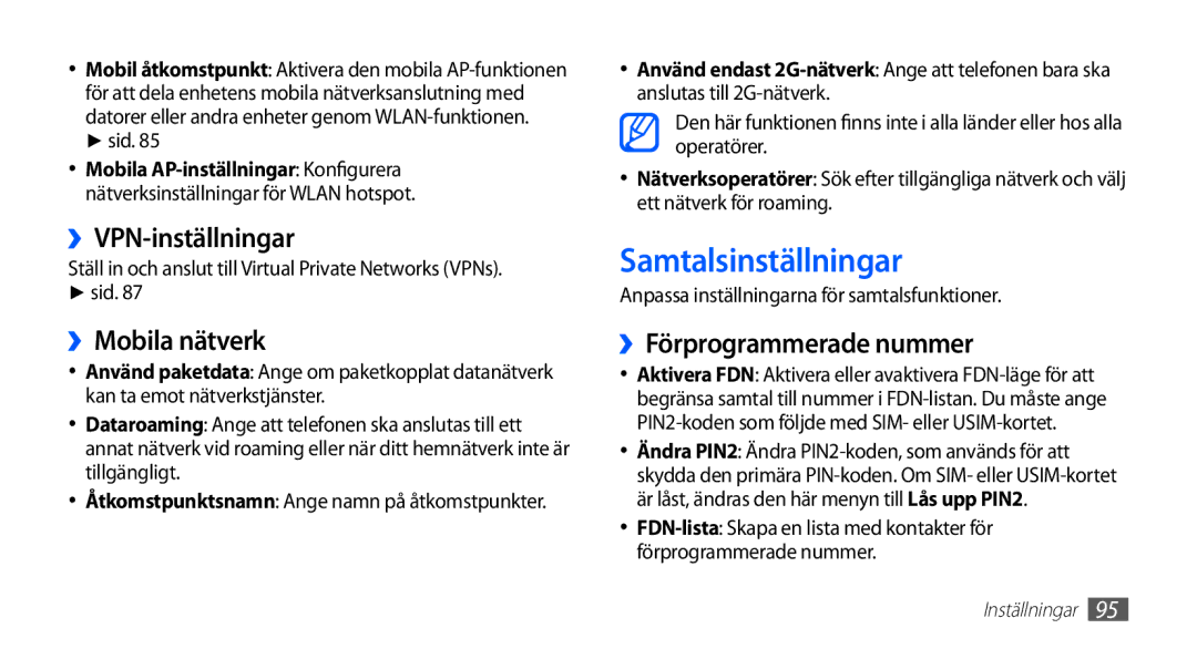 Samsung GT-S5830PPANEE manual Samtalsinställningar, ››VPN-inställningar, ››Mobila nätverk, ››Förprogrammerade nummer 