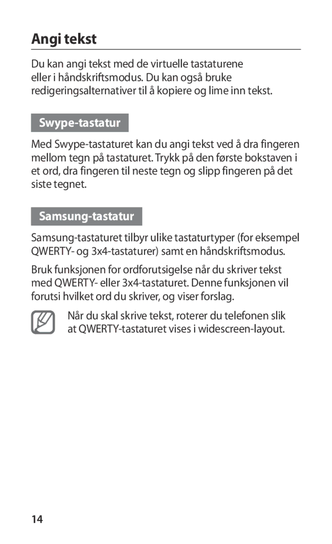 Samsung GT-S5830OKANEE, GT-S5830DKANEE, GT-S5830PPANEE, GT-S5830RWANEE manual Angi tekst, Swype-tastatur, Samsung-tastatur 