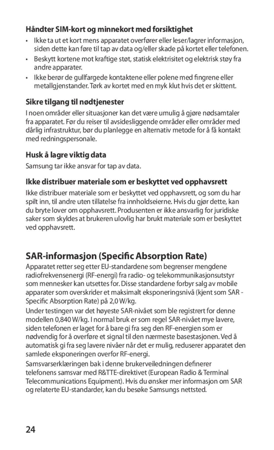 Samsung GT-S5830OKANEE manual SAR-informasjon Specific Absorption Rate, Håndter SIM-kort og minnekort med forsiktighet 