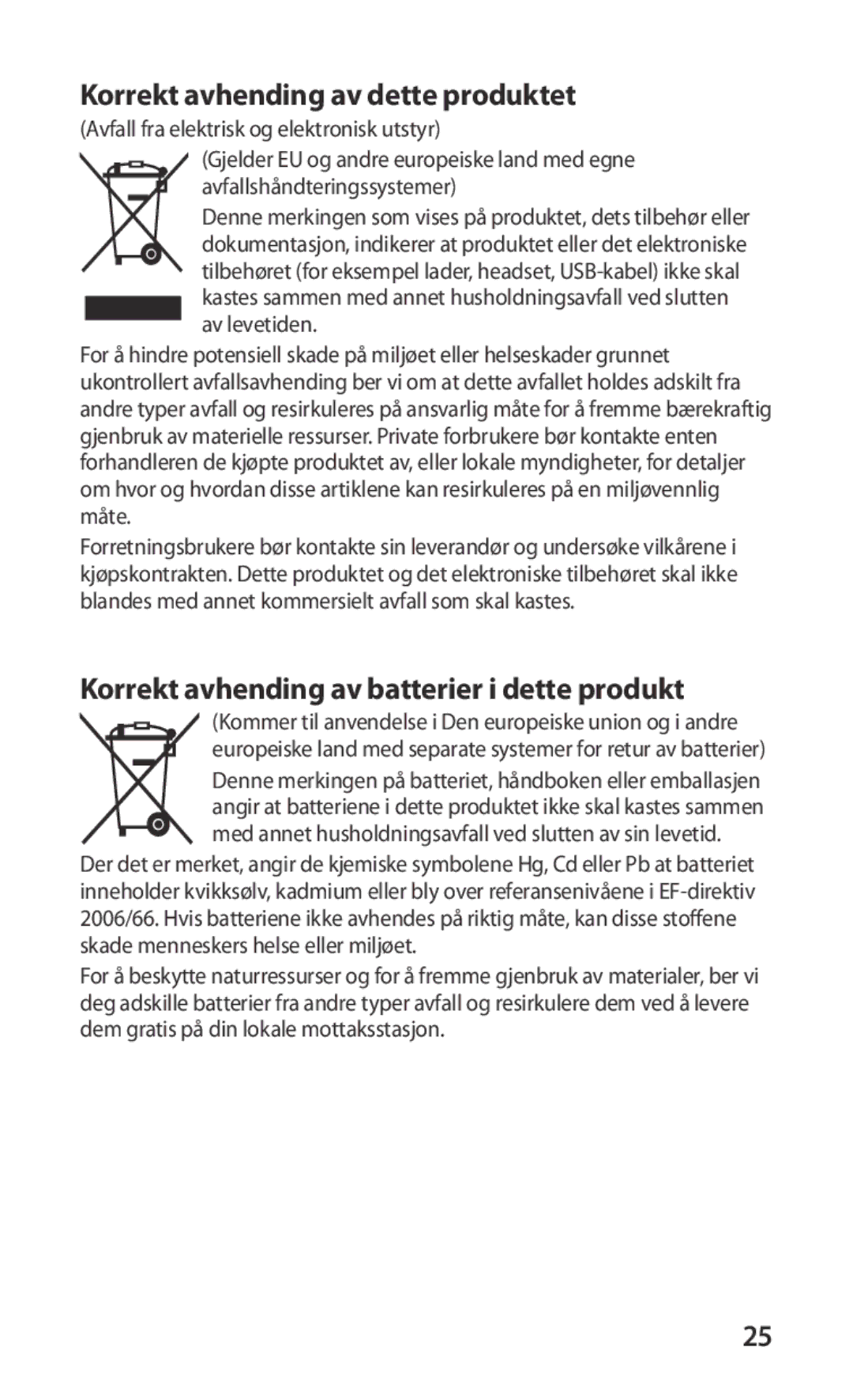 Samsung GT-S5830DKANEE manual Korrekt avhending av dette produktet, Korrekt avhending av batterier i dette produkt 