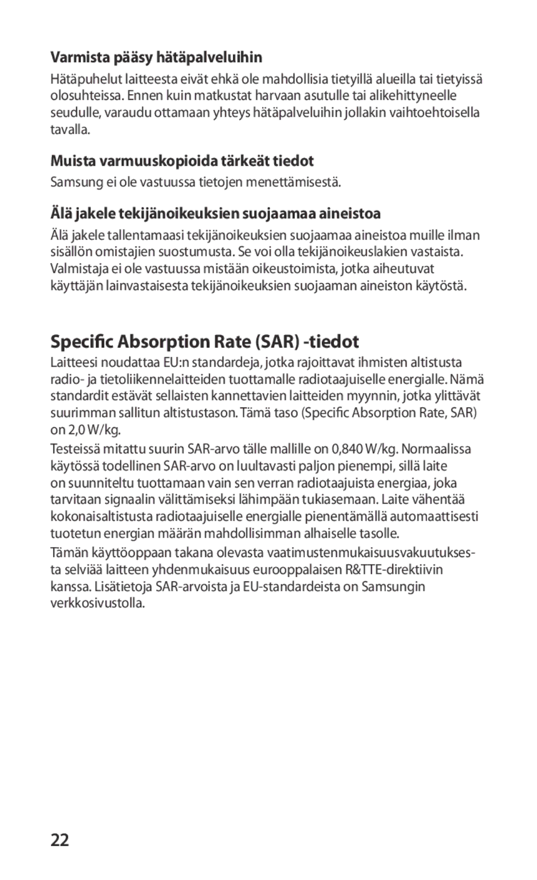 Samsung GT-S5830RWANEE, GT-S5830DKANEE, GT-S5830PPANEE Specific Absorption Rate SAR -tiedot, Varmista pääsy hätäpalveluihin 