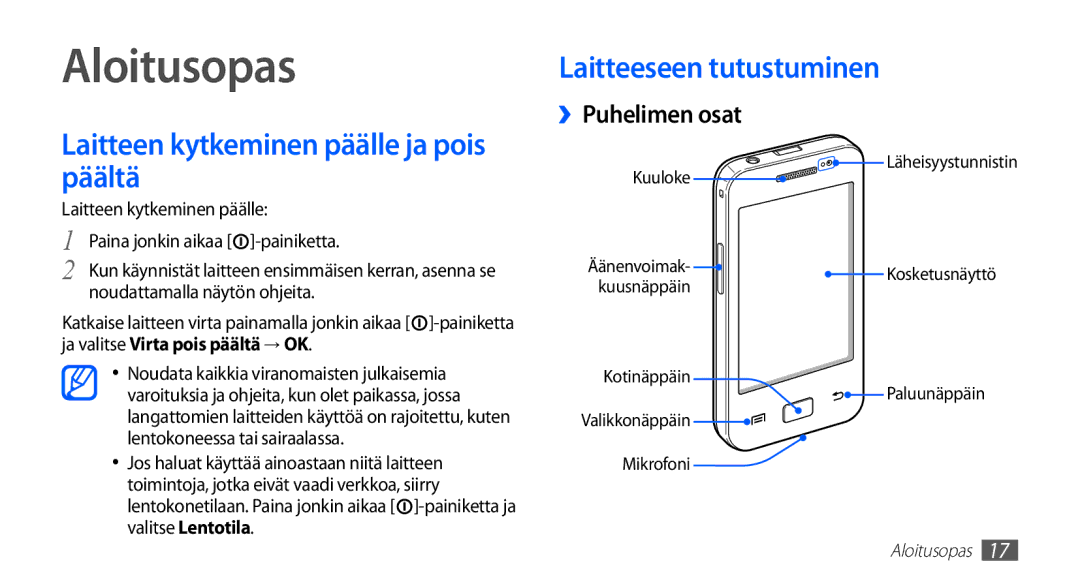 Samsung GT-S5830UWANEE manual Aloitusopas, ››Puhelimen osat, Laitteen kytkeminen päälle Paina jonkin aikaa -painiketta 