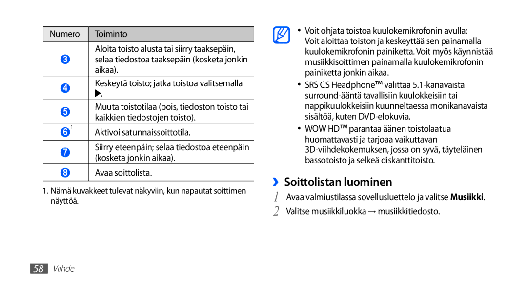 Samsung GT-S5830OKANEE, GT-S5830DKANEE manual ››Soittolistan luominen, Selaa tiedostoa taaksepäin kosketa jonkin aikaa 