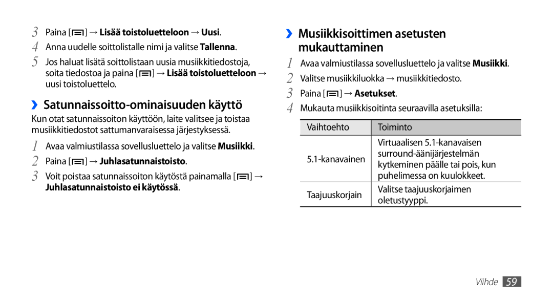 Samsung GT-S5830DKANEE ››Satunnaissoitto-ominaisuuden käyttö, → Lisää toistoluetteloon → Uusi, → Juhlasatunnaistoisto 