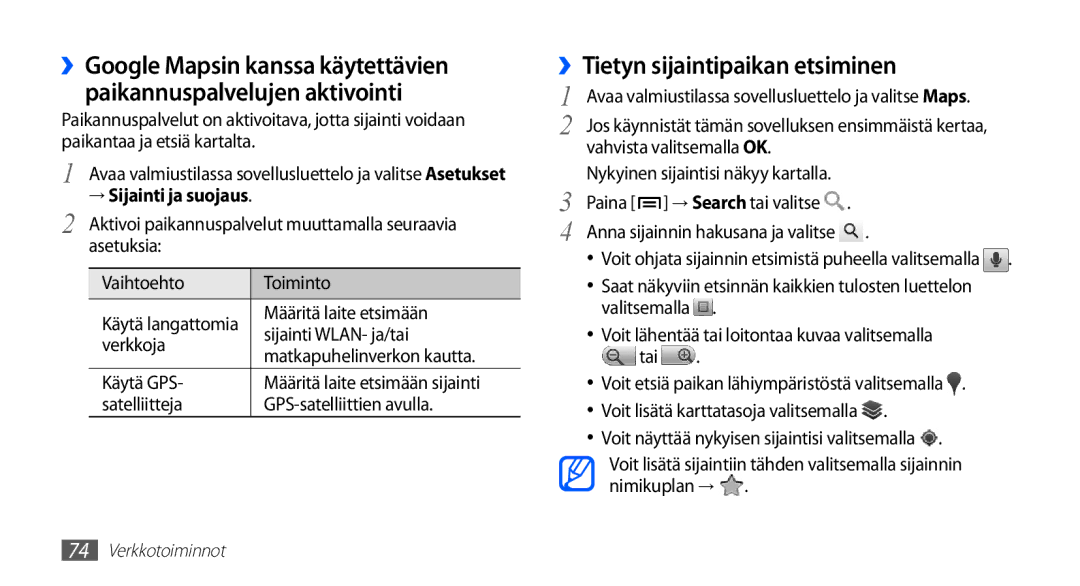 Samsung GT-S5830DKANEE, GT-S5830PPANEE, GT-S5830RWANEE, GT-S5830UWANEE, GT-S5830OKANEE manual ››Tietyn sijaintipaikan etsiminen 