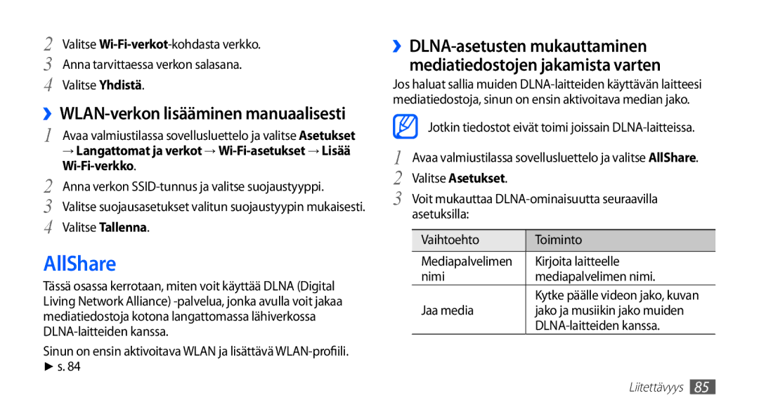 Samsung GT-S5830PPANEE, GT-S5830DKANEE, GT-S5830RWANEE, GT-S5830UWANEE manual AllShare, ››WLAN-verkon lisääminen manuaalisesti 