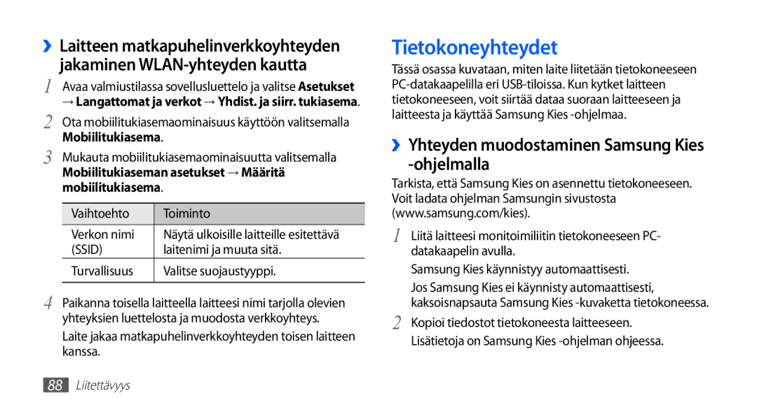 Samsung GT-S5830OKANEE, GT-S5830DKANEE, GT-S5830PPANEE Tietokoneyhteydet, ››Yhteyden muodostaminen Samsung Kies -ohjelmalla 