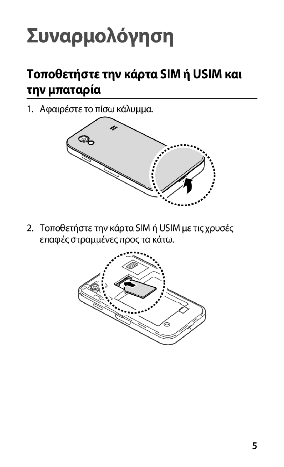 Samsung GT-S5830OKAVGR, GT-S5830OKACOS, GT-S5830UWACYV Συναρμολόγηση, Τοποθετήστε την κάρτα SIM ή Usim και την μπαταρία 