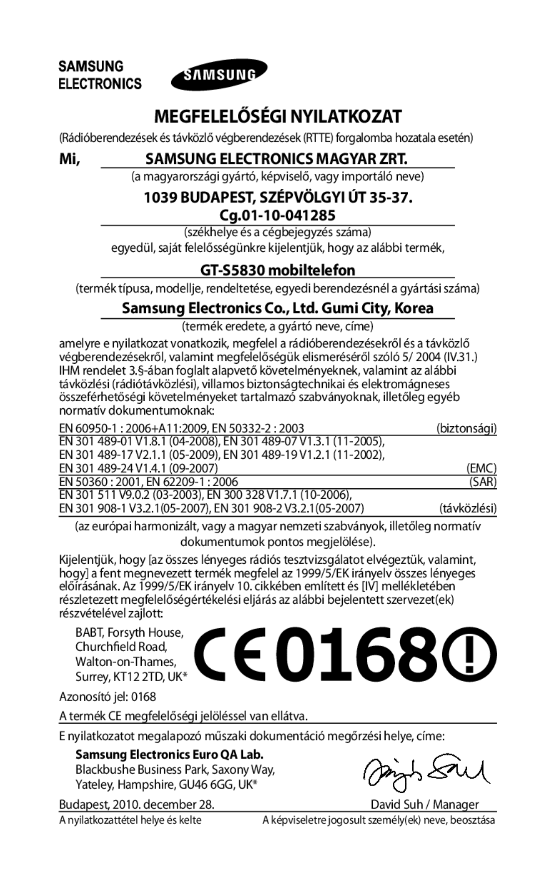 Samsung GT2S5830UWATMH, GT-S5830OKADBT, GT-S5830OKACOS, GT-S5830UWADBT manual Megfelelőségi Nyilatkozat, GT-S5830 mobiltelefon 