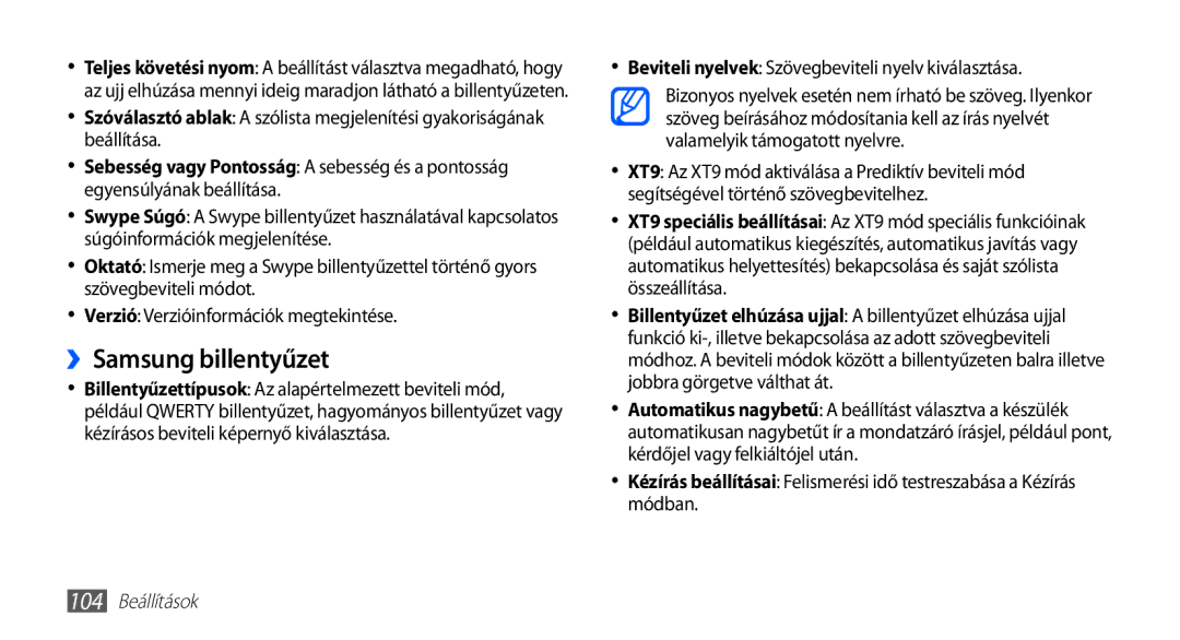 Samsung GT-S5830OKAGBL manual ››Samsung billentyűzet, Beviteli nyelvek Szövegbeviteli nyelv kiválasztása, 104 Beállítások 