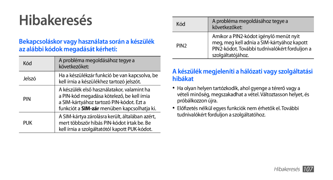 Samsung GT-S5830PPAORO, GT-S5830OKADBT manual Hibakeresés, Készülék megjeleníti a hálózati vagy szolgáltatási hibákat 