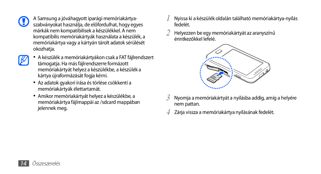 Samsung GT-S5830OKASUN, GT-S5830OKADBT, GT-S5830OKACOS, GT-S5830UWADBT, GT-S5830OKAXEO, GT-S5830XKAMOB manual 14 Összeszerelés 