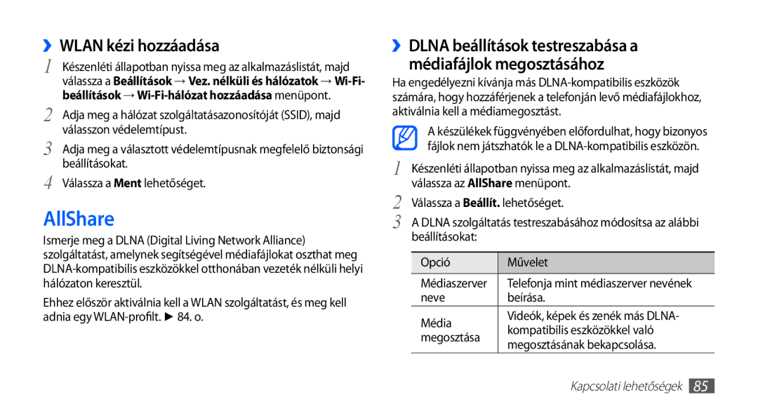 Samsung GT-S5830OKAAUT, GT-S5830OKADBT, GT-S5830OKACOS, GT-S5830UWADBT, GT-S5830OKAXEO manual AllShare, ››WLAN kézi hozzáadása 