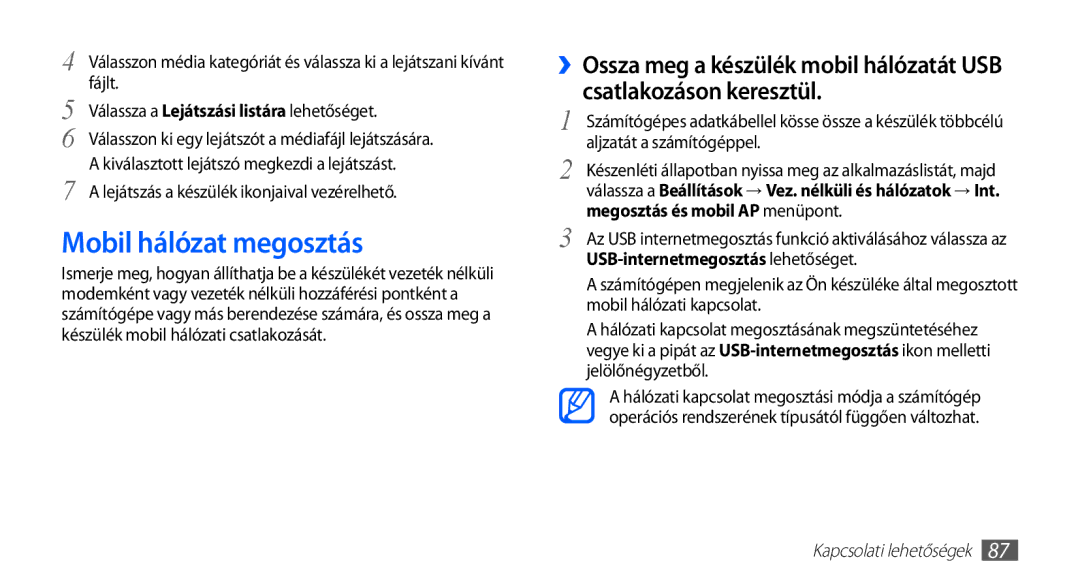 Samsung GT2S5830OKAVDH, GT-S5830OKADBT manual Mobil hálózat megosztás, Fájlt, Kiválasztott lejátszó megkezdi a lejátszást 