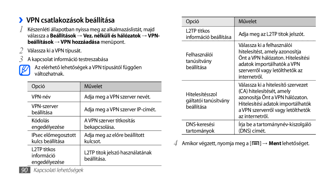 Samsung GT-S5830RWAPAN, GT-S5830OKADBT manual ››VPN csatlakozások beállítása, Beállítások → VPN hozzáadása menüpont 