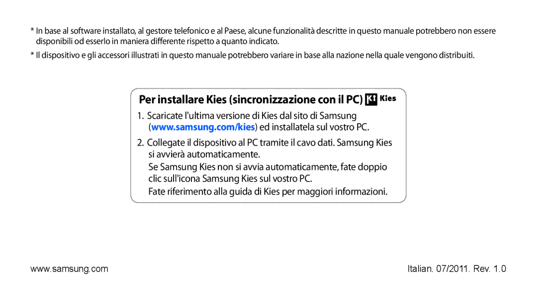 Samsung GT-S5830UWAWIN, GT-S5830OKADBT, GT-S5830XKATIM, GT-S5830RWATIM manual Per installare Kies sincronizzazione con il PC 