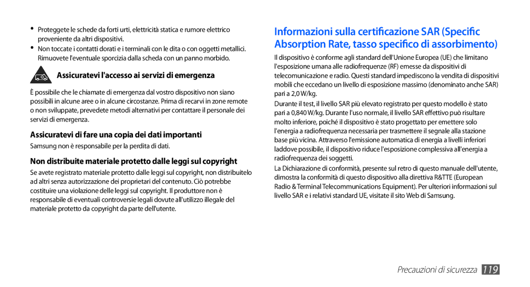 Samsung GT-S5830UWAWIN Assicuratevi laccesso ai servizi di emergenza, Assicuratevi di fare una copia dei dati importanti 