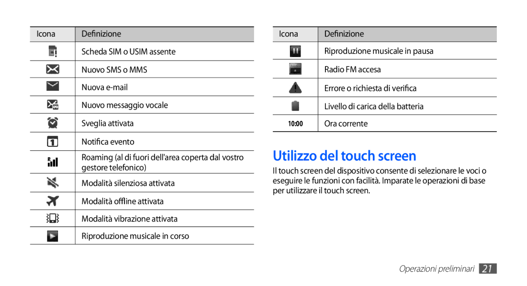 Samsung GT-S5830RWAWIN, GT-S5830OKADBT, GT-S5830UWAWIN, GT-S5830XKATIM manual Utilizzo del touch screen, Ora corrente 